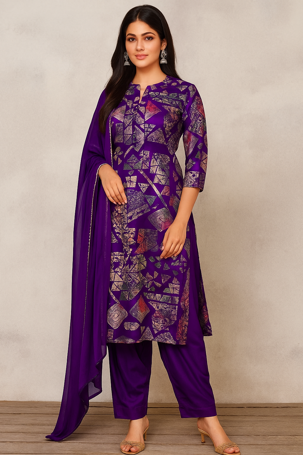 Abstract Print Kurti Set with Dupatta