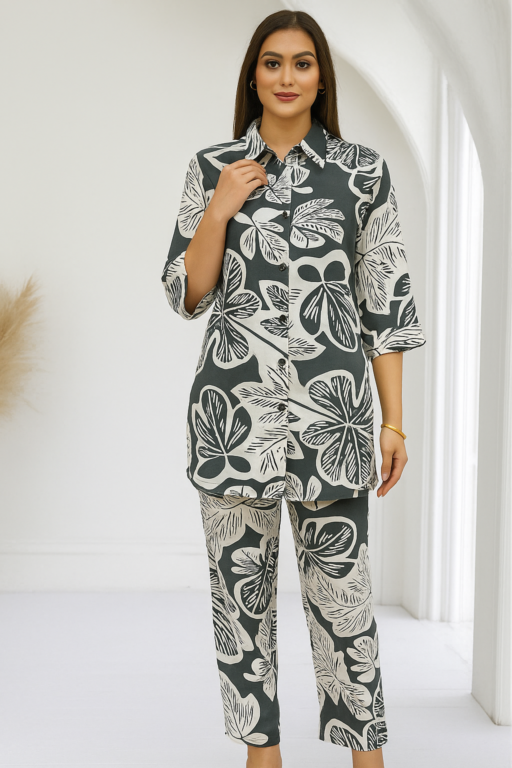 Black & White Leaf Print Co-ord Set